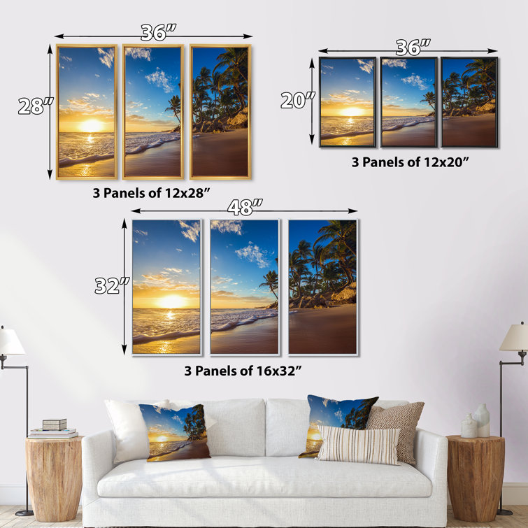 Highland Dunes Paradise Tropical Island Beach Sunrise Framed On Canvas 3 Pieces Print Wayfair